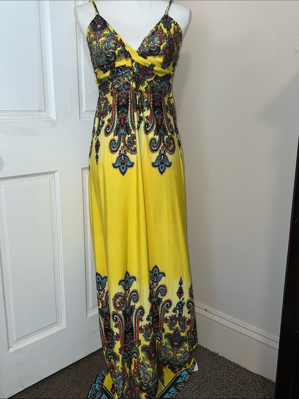Yellow Paisley-Print Spaghetti Strap Maxi Dress